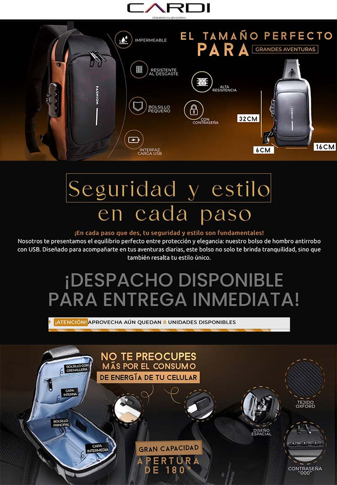 Bolso Impermeable Anti robo con Puerto de Carga